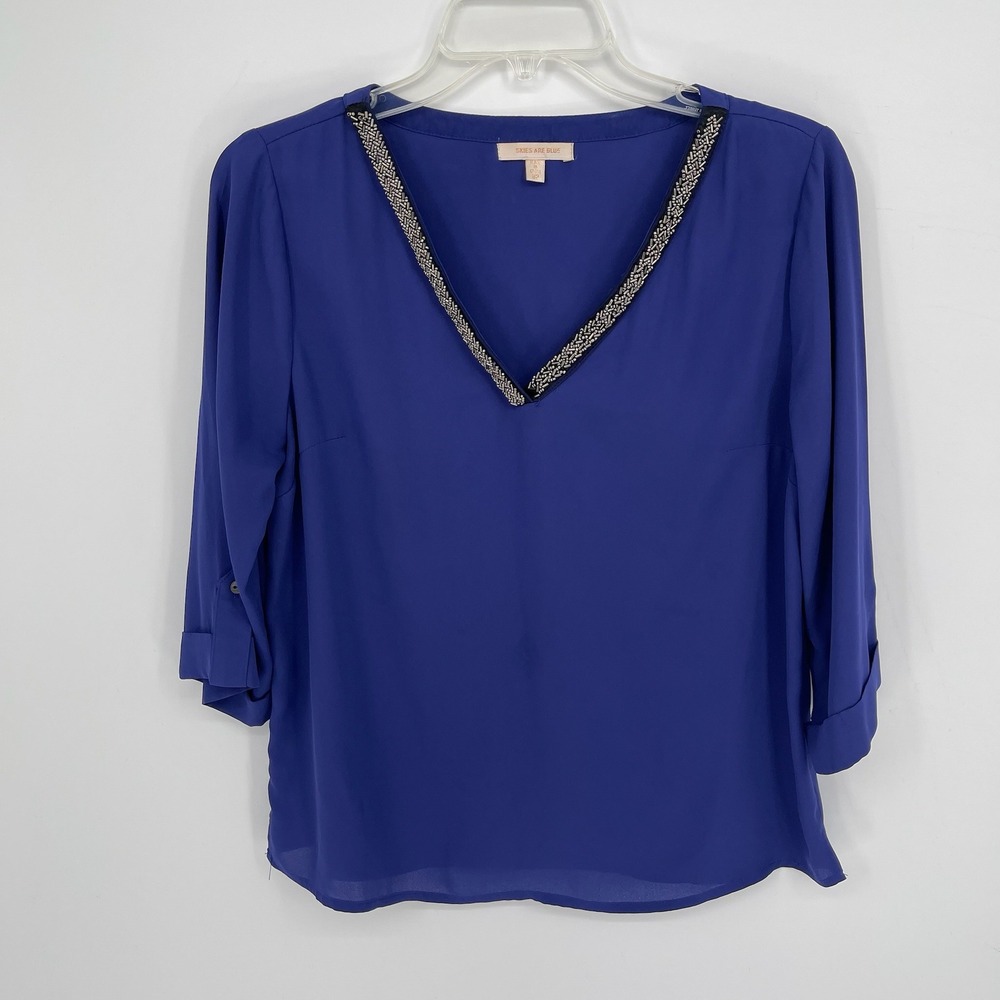 Skies Are Blue Women's Blue Beaded V-Neck Roll Tab Quarter Sleeve Blouse Size SP
